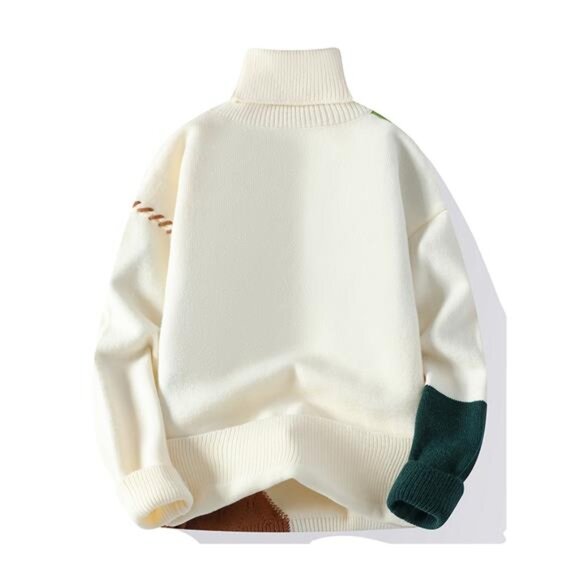 Men's Slim Fit Geometric Pattern Knit Pullover Sweater - High Neck Long Sleeve, - Picture 2 of 5